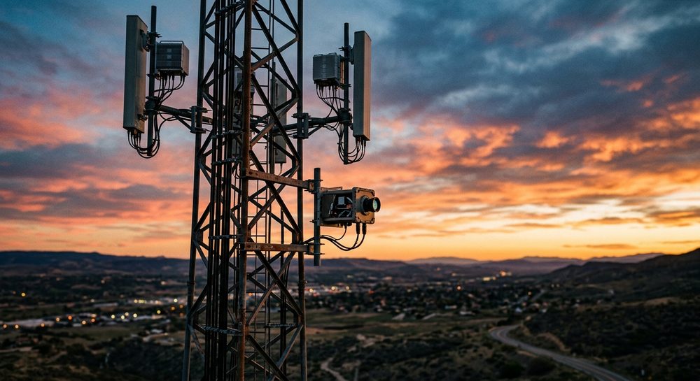 A 5G macro site at dusk carrying laser backhaul above a city.