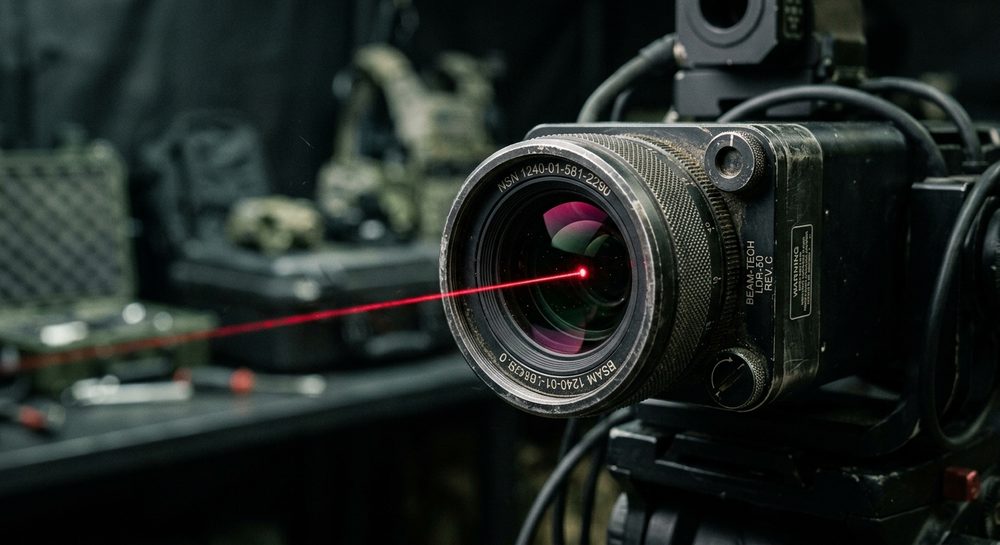 Close-up of a laser aperture emitting a narrow beam.