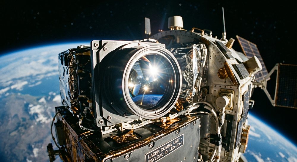 An optical crosslink terminal aperture in orbit above Earth.