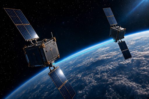 Two satellites linked by a laser crosslink above Earth.