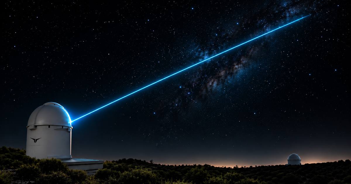 An optical ground station firing a laser downlink beam into a starfield.