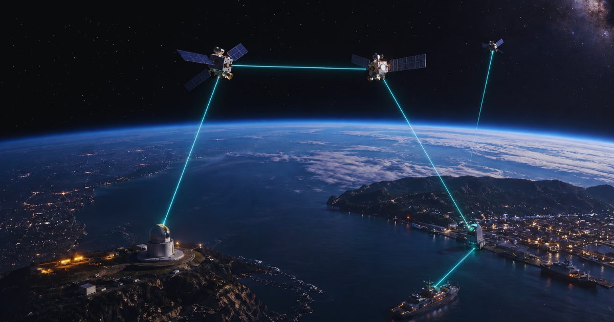 Laser links between satellites in orbit, down to an optical ground station and across to a coastal port.