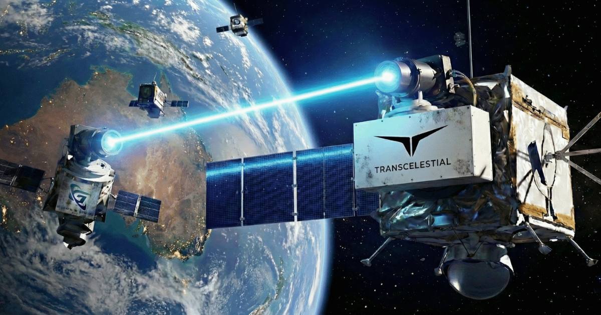 Two satellites in orbit linked by a laser beam above the Earth.