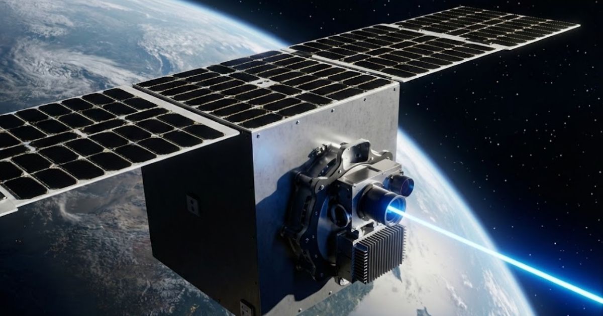 A Transcelestial optical terminal firing a laser link from orbit.