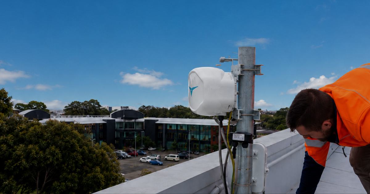 An engineer installing a CENTAURI terminal on a rooftop mast.